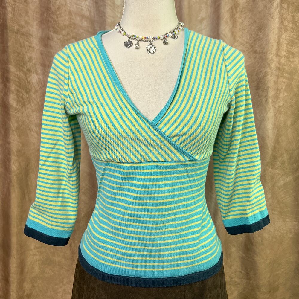 Vintage Y2K Striped Top Faux Wrap 3/4 Sleeve V Neck Multicolor Boho Indie Skater